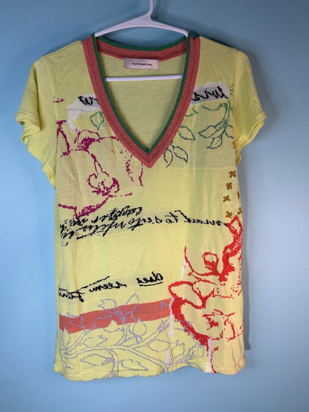 Aldo Martins top yellow V-neckline pink and green bamboo/cotton Medium